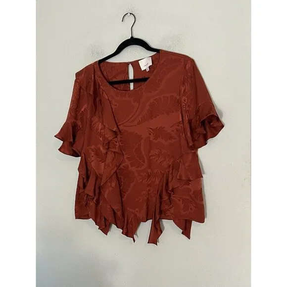 Cinq A Sept Silk Top Blouse Ruffle Asymmetric Size Medium Rust Orange Jacquard - Picture 3 of 15